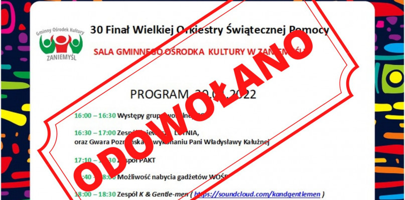 Część artystyczna Wielkiej Orkiestry zostaje odwołana Fot. GOK Zaniemyśl