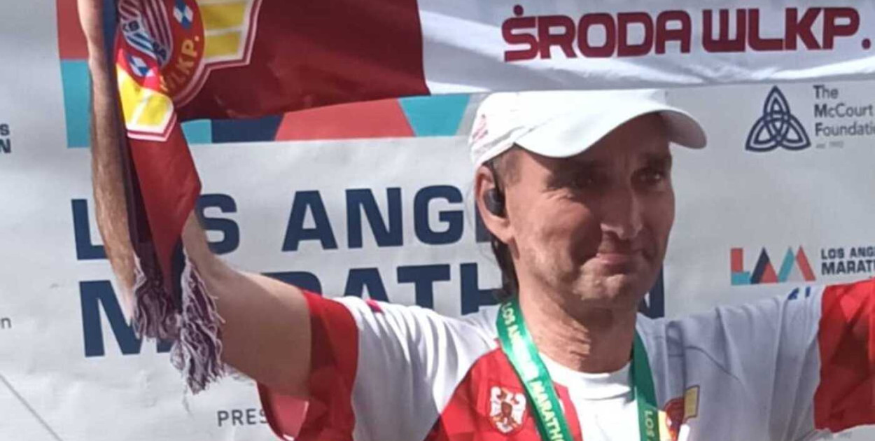Robert Rataj na mecie maratonu w Los Angeles Fot. KS Polonia Środa