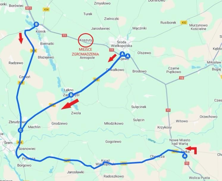 Mapa objazdów przygotowana przez KPP w Środzie Wlkp.