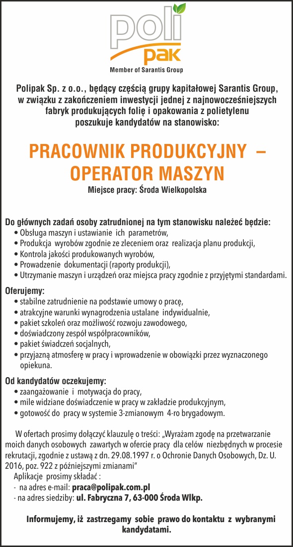 Pracuj jako operator maszyn w średzkiej firmie Polipak