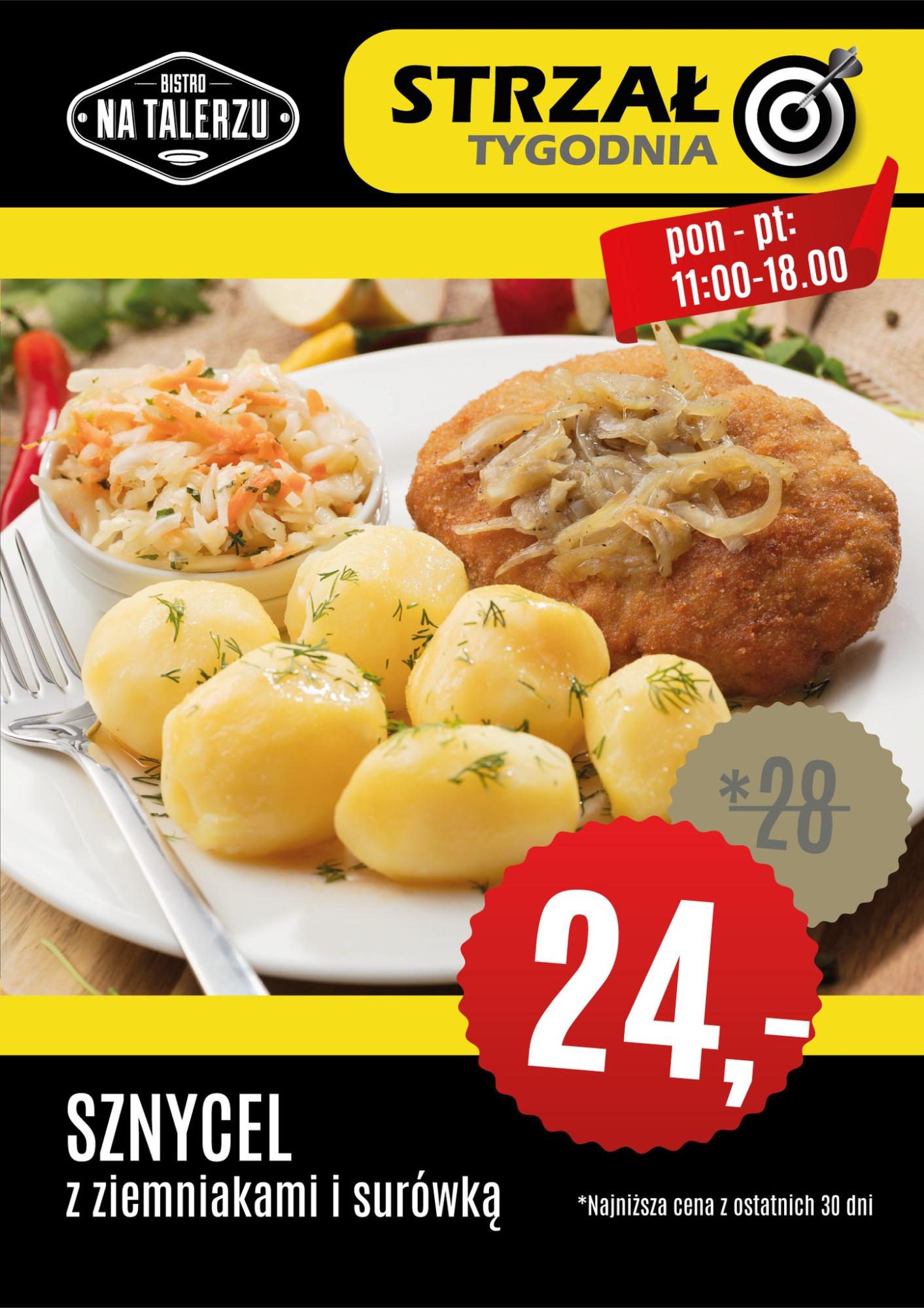 SZNYCEL z cebulką, ziemniakami i surówką. Oferta ważna od poniedziałku 1.07.2024 do piątku 5.07.2024 lub do wyczerpania zapasów. *Zdjęcie poglądowe.