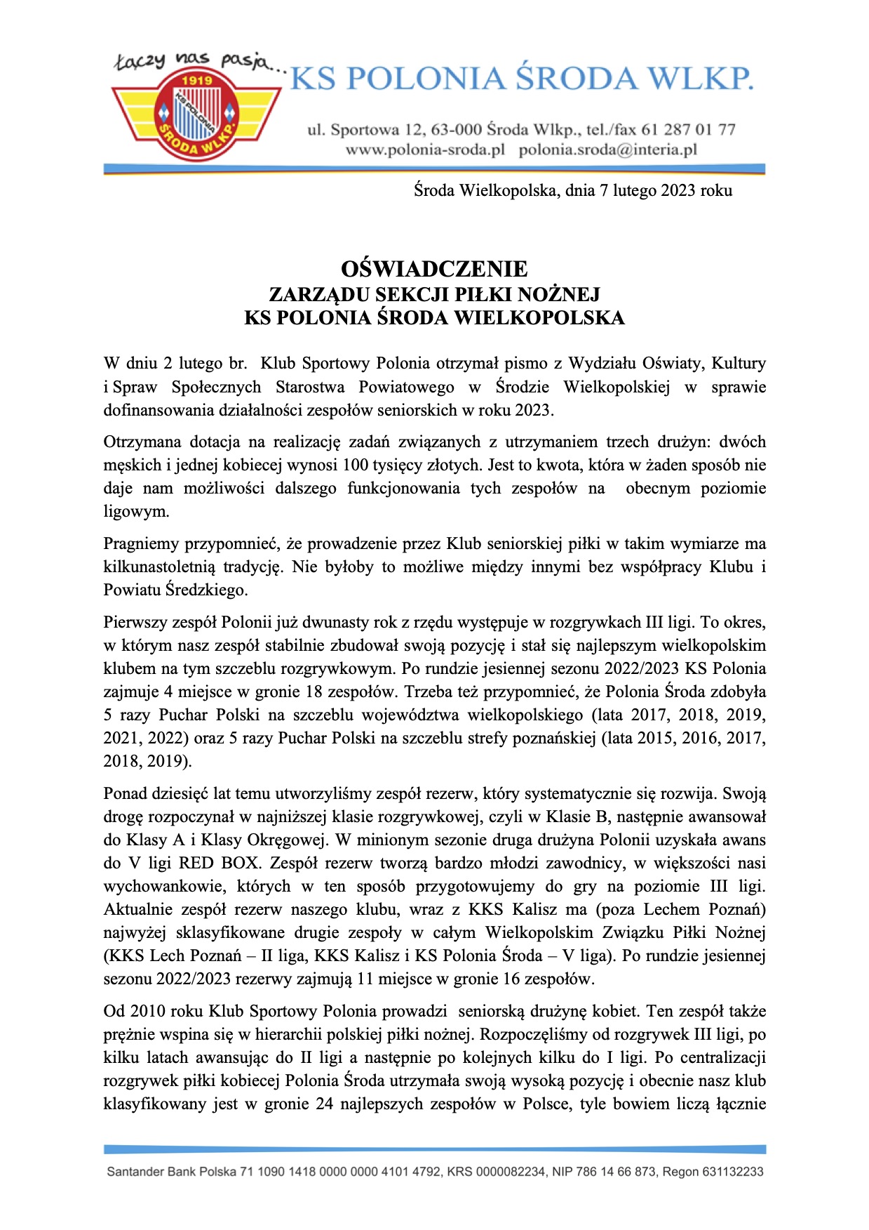 Oświadczenie Zarządu Sekcji Piłki Nożnej KS Polonia Środa Wielkopolska