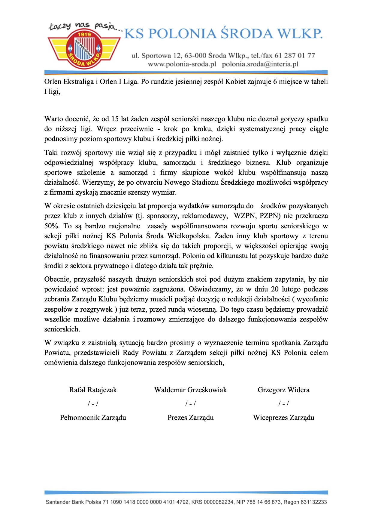 Oświadczenie Zarządu Sekcji Piłki Nożnej KS Polonia Środa Wielkopolska