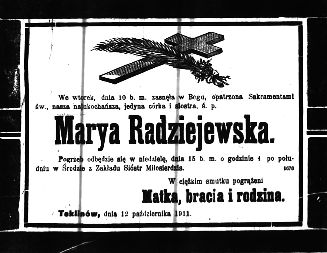 Nekrolog Marii z Dziennika Poznańskiego 14.10.1911 fot. WBC