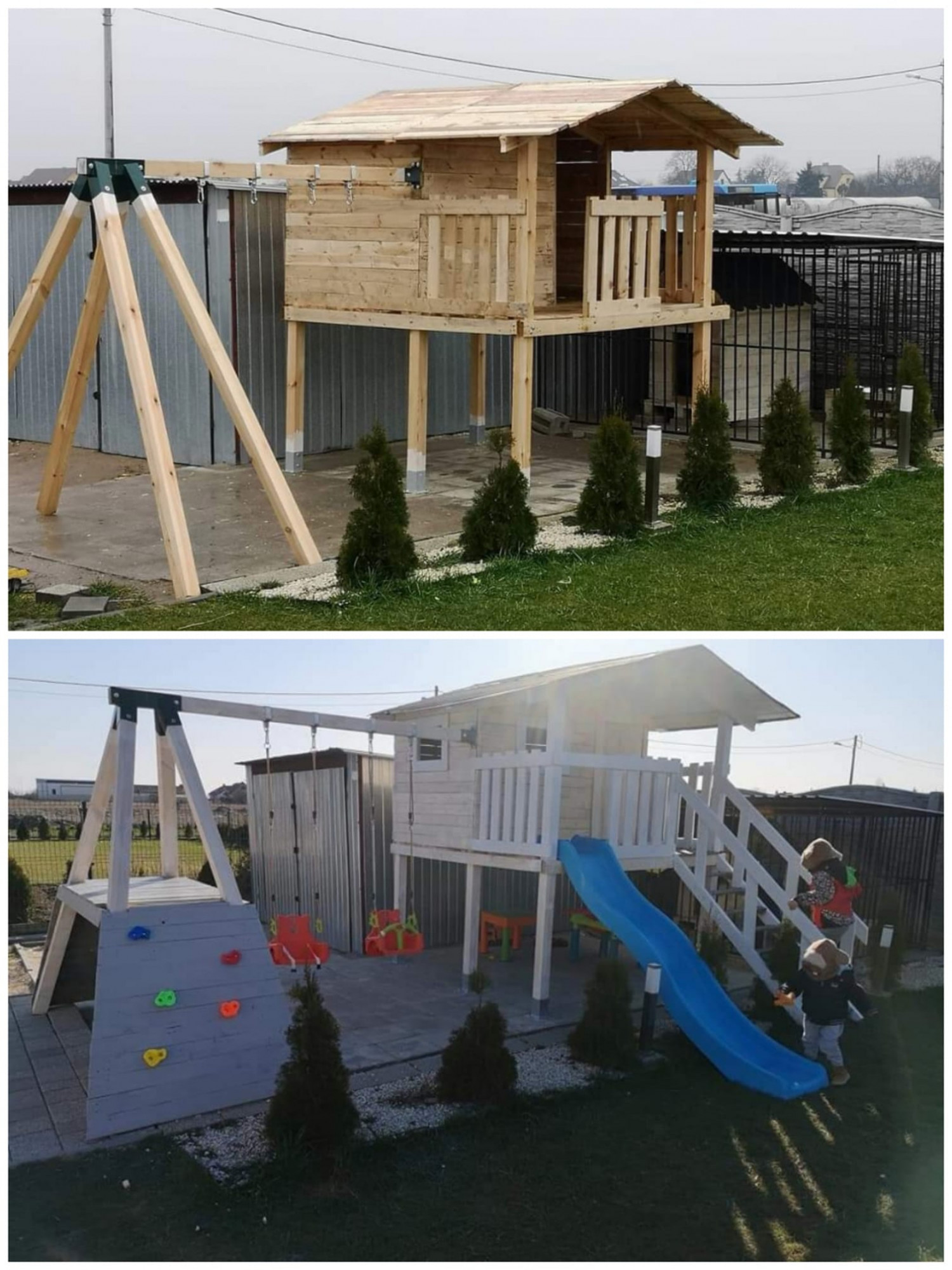 Własnoręcznie wykonany dom z placem zabaw dla dzieci z uszkodzonych palet odpadowych