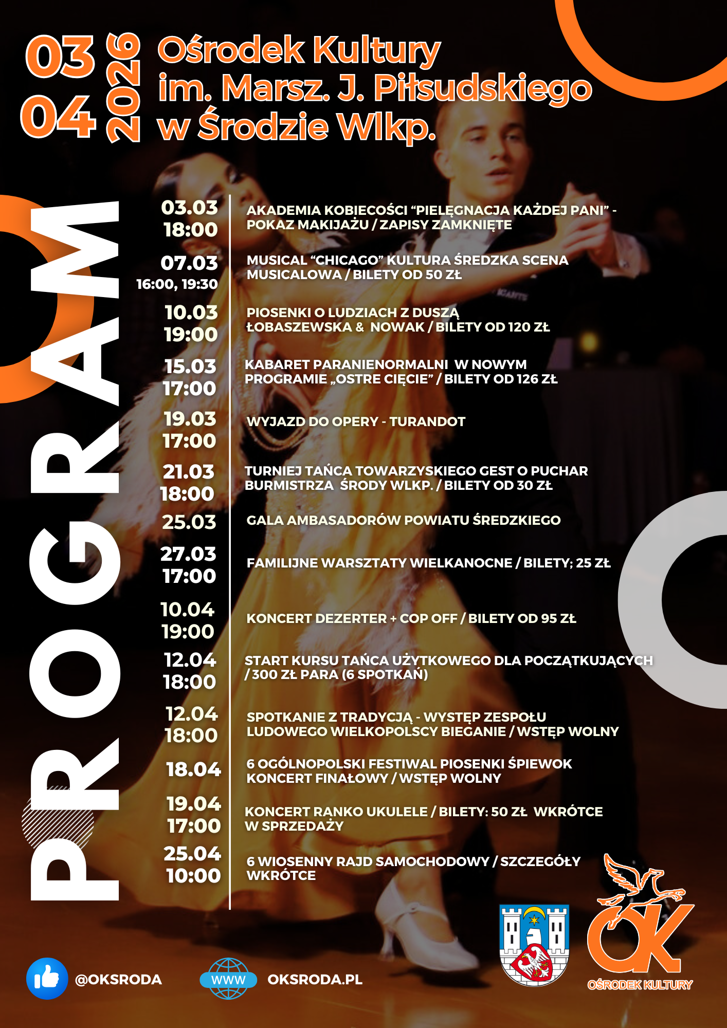 Sprawdź program Ośrodka Kultury w Środzie Wlkp. na marzec i kwiecień. W ofercie m.in. musical Chicago, kabaret Paranienormalni, koncert Dezertera oraz warsztaty i turnieje.